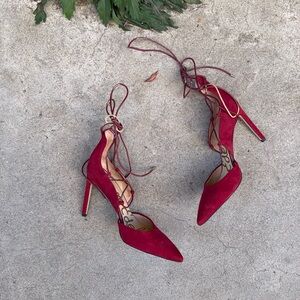 Velvet Red, Pointy Toe, Ballet Strap Tie Up Pump